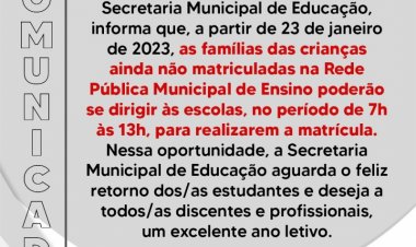 ENSINO MUNICIPAL - Novas matrículas a partir de 23 de janeiro