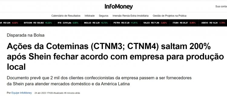 Ações da Coteminas, dona da Santanense Tecidos, sobem 200% nesta segunda-feira
