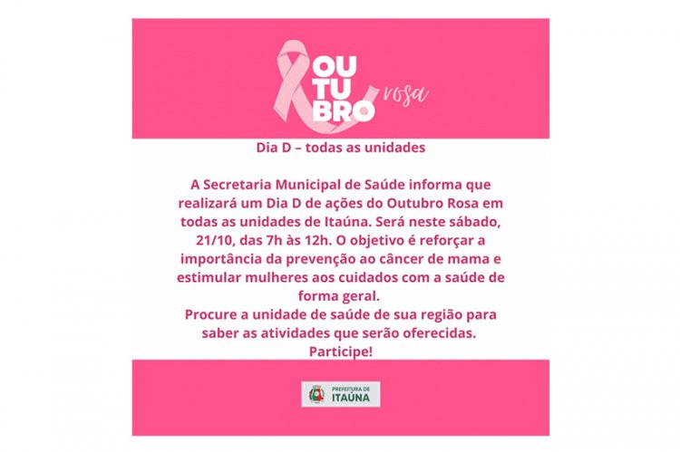 Prevenção ao  câncer de mama tem Dia D em Itaúna