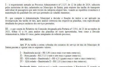 Prefeito decreta reajuste nas tarifas de táxi