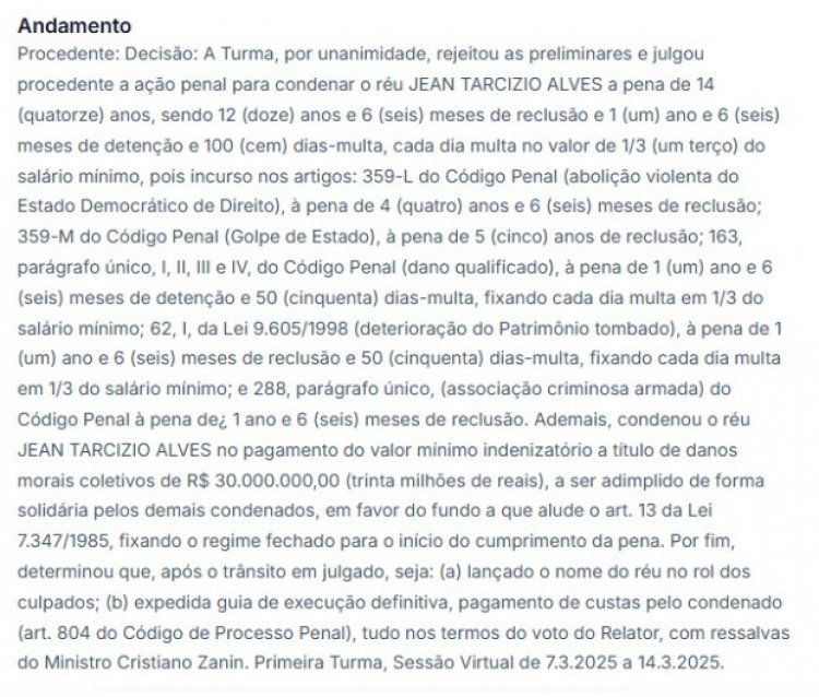 Itaunense é condenado a 14 anos de prisão por participar dos atos de 8 de janeiro