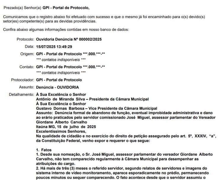 DENÚNCIA NA CÂMARA - Assessor parlamentar recebe “sem trabalhar”