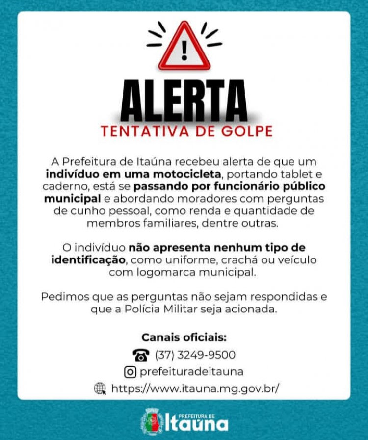 Prefeitura de Itaúna faz alerta sobre possível golpe