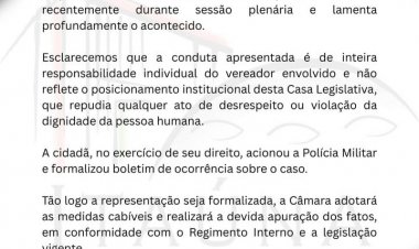 Câmara divulga nota sobre conduta de vereador