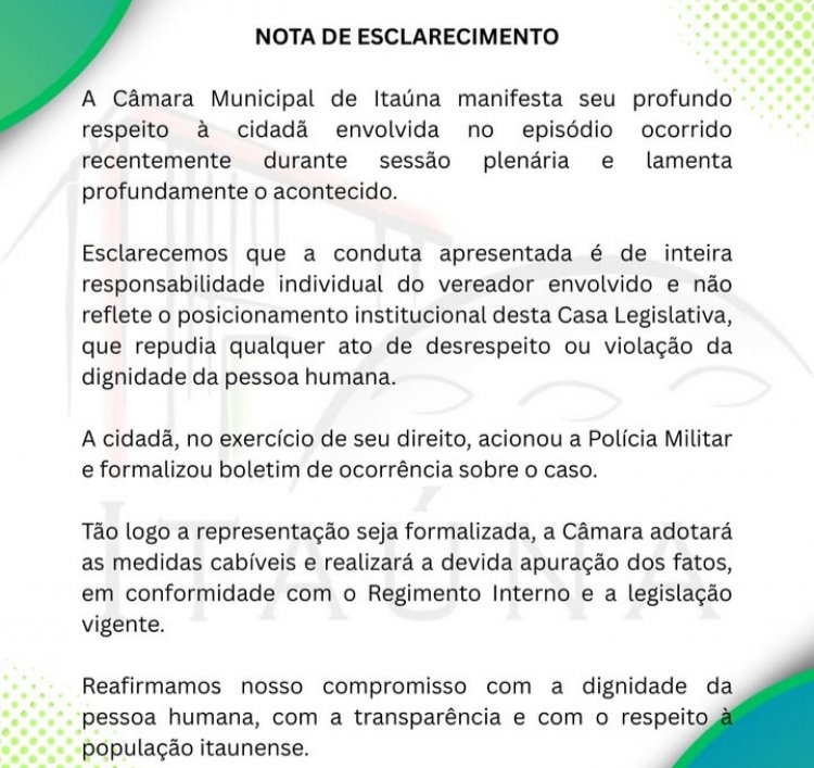 Câmara divulga nota sobre conduta de vereador