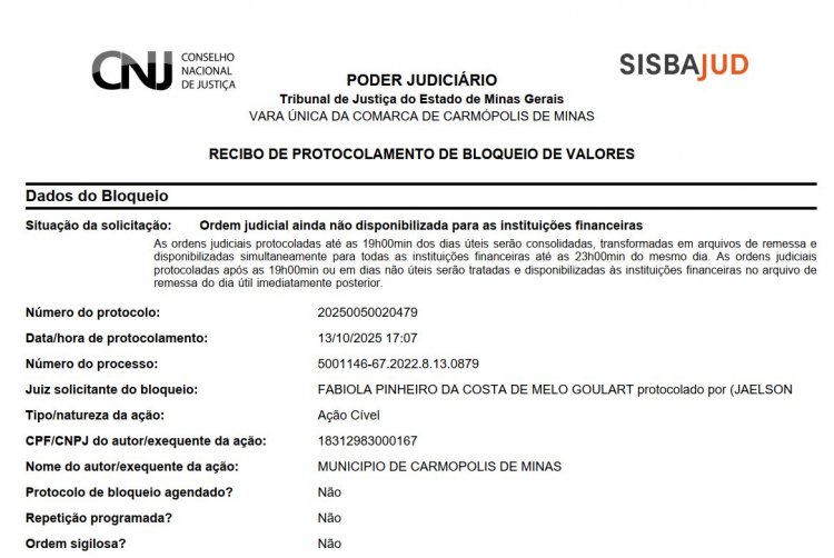 Justiça bloqueia bens de vereador, ex-gestores e empresa após ação movida pelo Município de Carmópolis de Minas