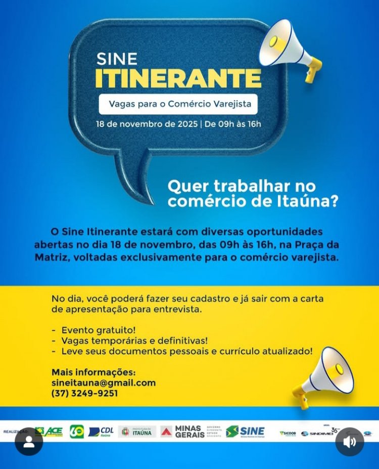 Oportunidade de emprego em Itaúna: Sine Itinerante terá edição especial para o comércio varejista