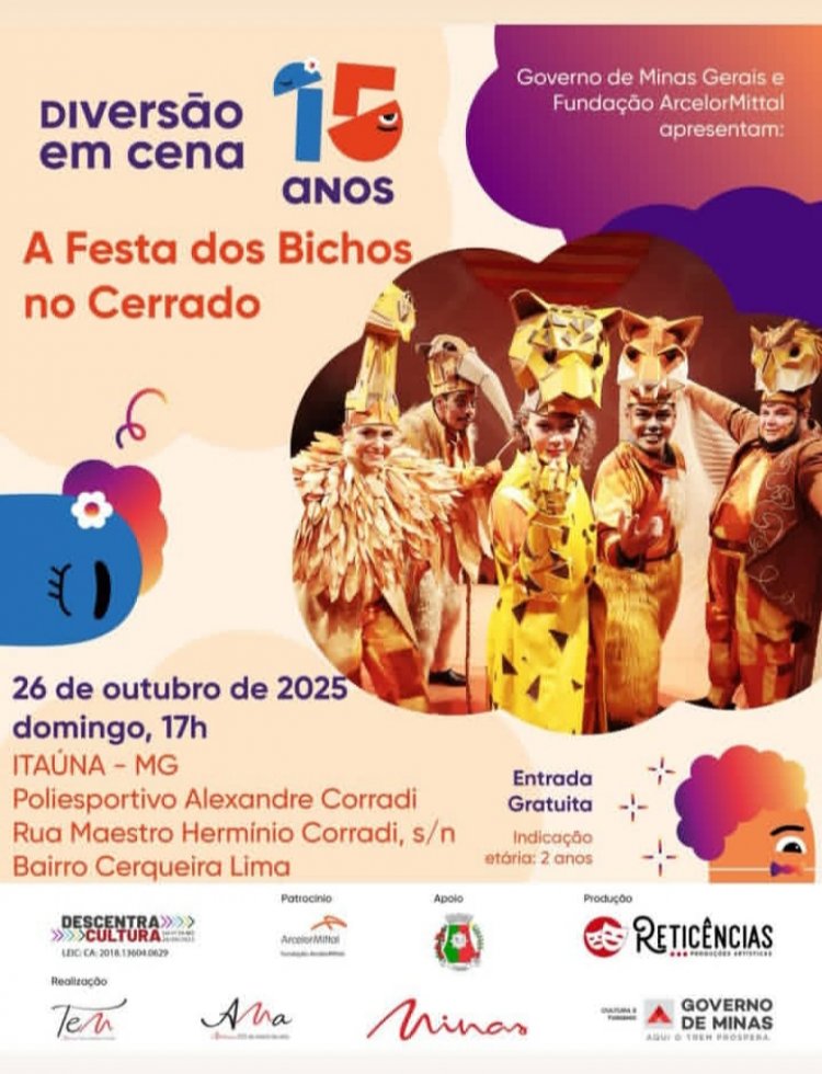 Espetáculo infantil "A Festa dos Bichos no Cerrado" chega a Itaúna com entrada gratuita