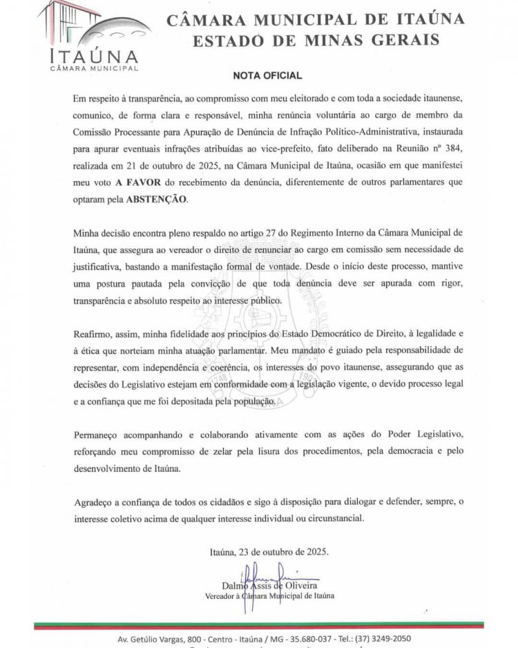 Vereador Dalmo Assis reafirma compromisso com a legalidade após renúncia de Comissão Processante