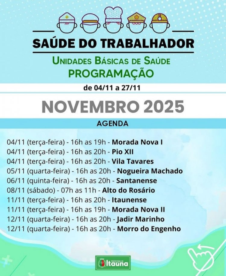 Prefeitura divulga programação do projeto Saúde do Trabalhador em Itaúna (Novembro/2025)