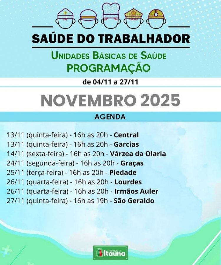 Prefeitura divulga programação do projeto Saúde do Trabalhador em Itaúna (Novembro/2025)