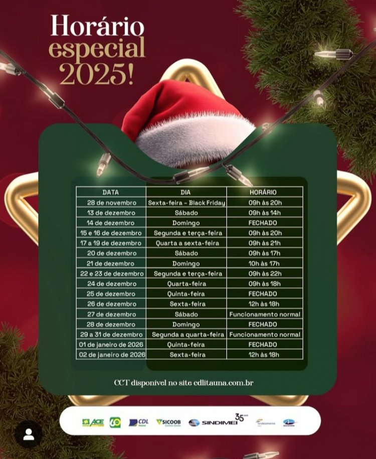 Horário especial de Natal 2025, comércio tem regras definidas pela CDL
