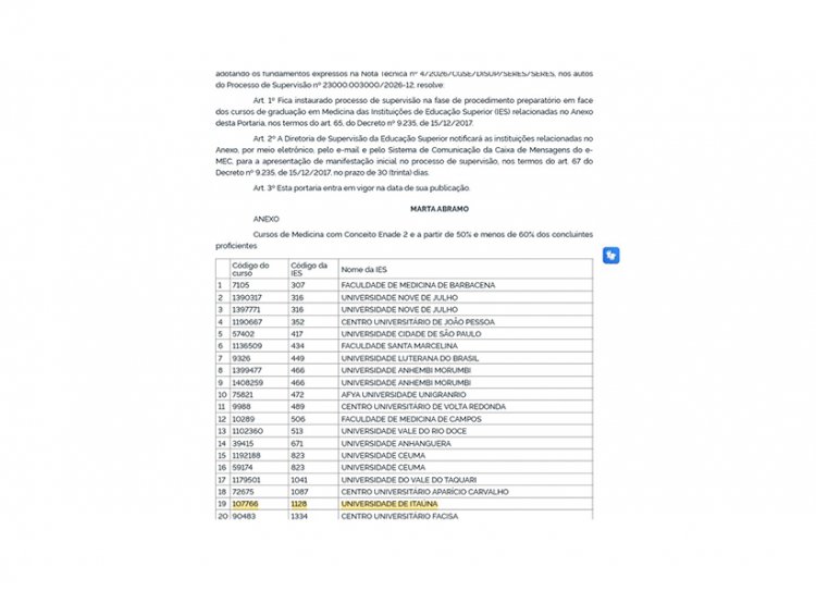 MEDICINA - UIT sob supervisão do MEC