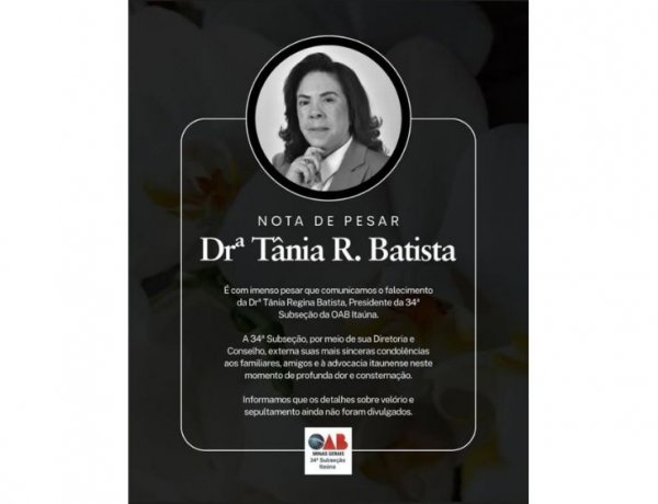 Luto na Advocacia: Falece Dra. Tânia Regina Batista, Presidente da OAB Itaúna