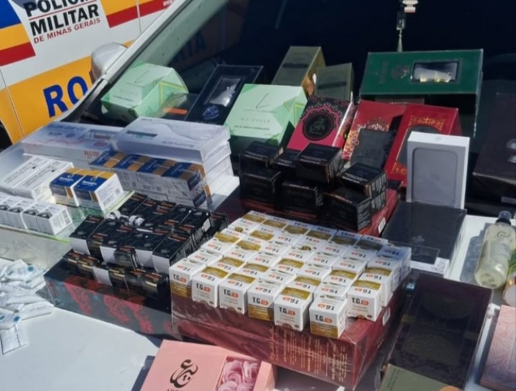 PMR apreende medicamentos proibidos e produtos contrabandeados na MG-050; suspeita foi presa